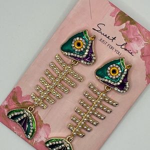 Faux Pearl & Rhinestone Fishbone Earrings